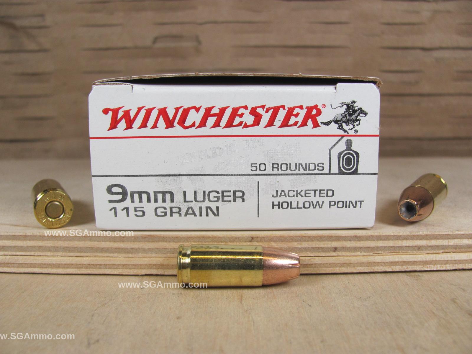 50 Round Box - 9mm Luger 115 Grain Jacketed Hollow Point Winchester Ammo - USA9JHP